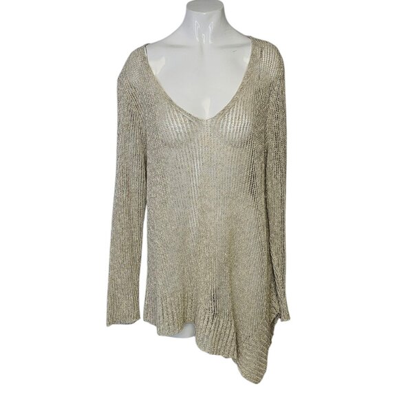 Eileen Fisher Open Knit Aysymmetrical V-Neck Long Sleeve Shirt, Size Large - Picture 1 of 7